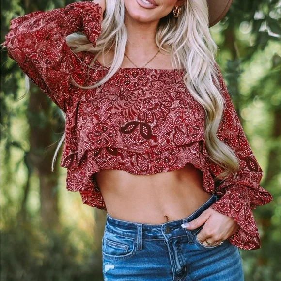 Square Neck Floral Bandana Crop Blouse Bohemian Top - Picture 3 of 15